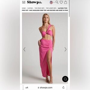 Pink Ruched Slit Skirt & Top Set